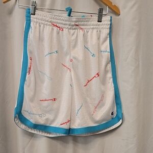 Champion White Athletic Shorts with Aqua Trim and Red Logo Accents